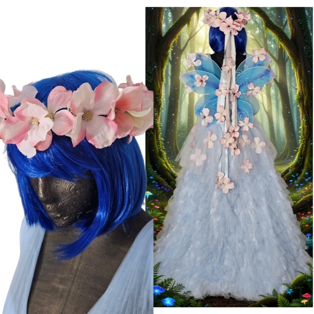 Enchanted Woodland Fairy Costume Tulle Blue Gown W/ Detachable Wings Size10 - Picture 7 of 16